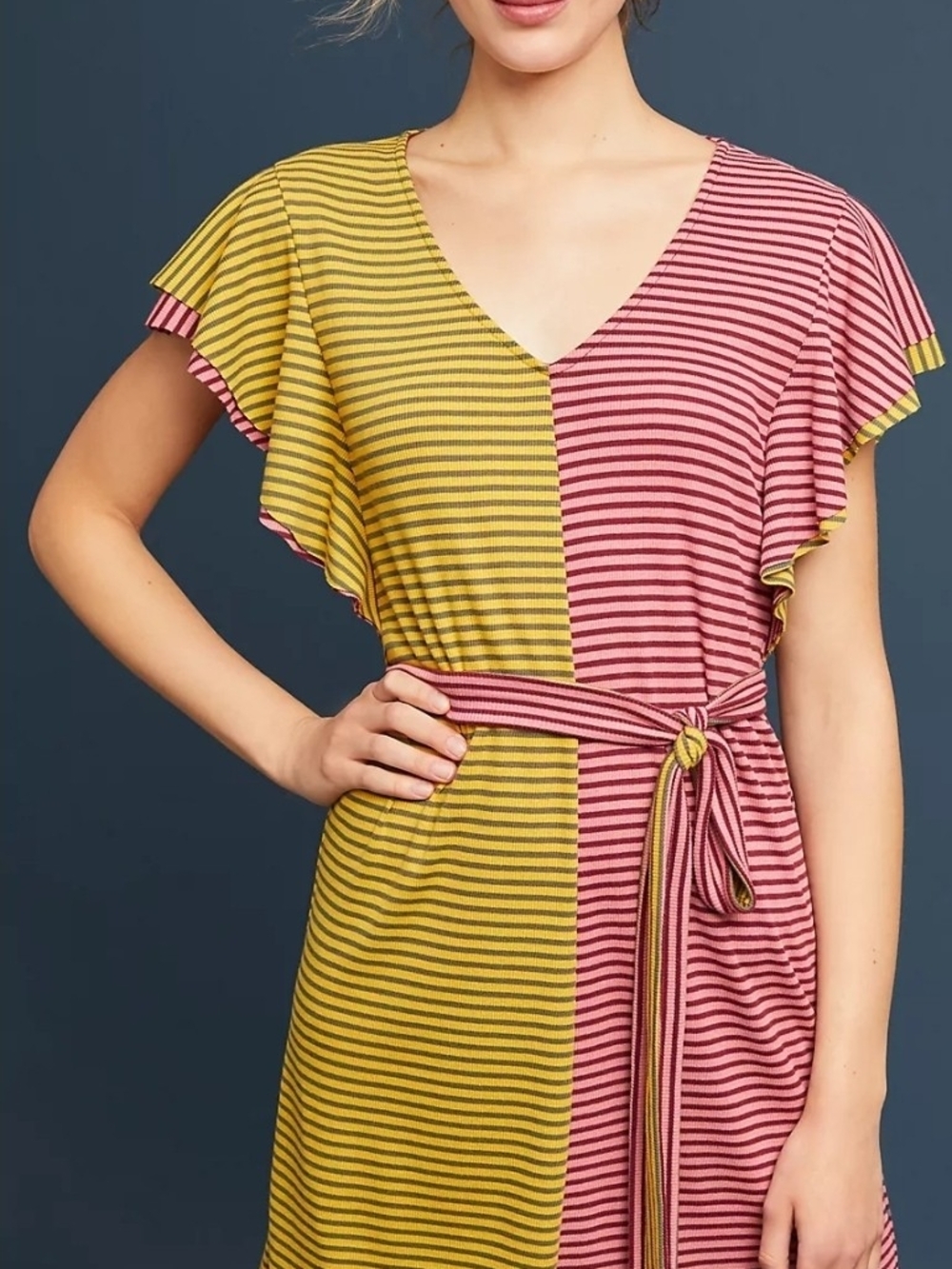 Anthropologie Ella Mare Colorblock Striped V-Neck Tie-Waist Mini Dress